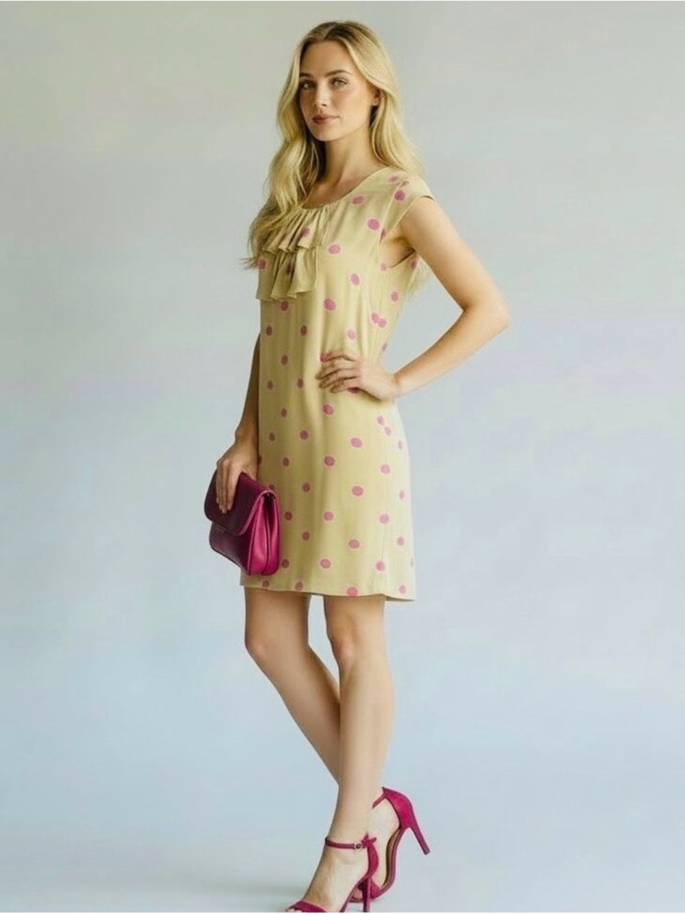 Kate Spade Shawna Midi Dress with Pink Polka Dots and Ruffle Size 4